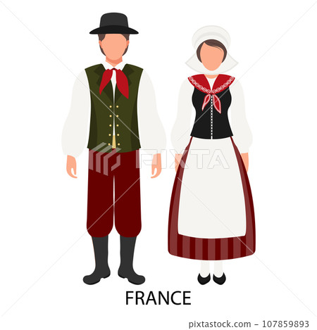 A man and a woman in folk French national costumes. Culture and traditions of France. Illustration, vector 107859893