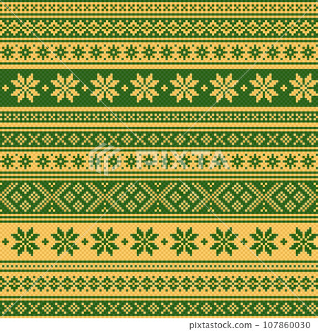 Norwegian ornament. Scandinavian knitted texture. Vector seamless pattern. Green and yellow colors. 107860030