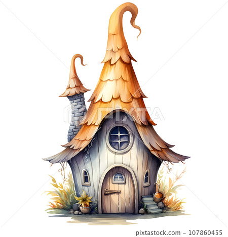 Fantasy Sorcerer's Hut watercolor illustration, Halloween decorative elements 107860455