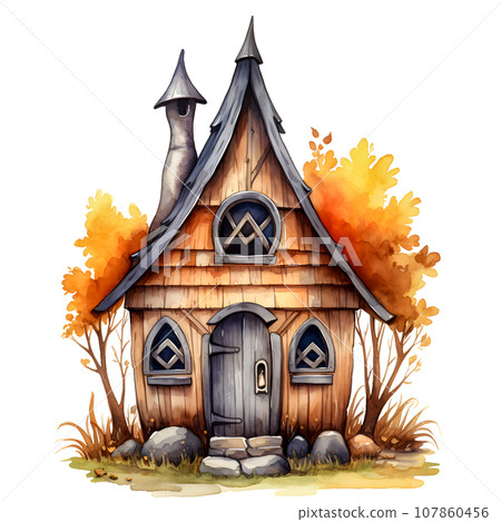 Fantasy Sorcerer's Hut watercolor illustration, Halloween decorative elements 107860456