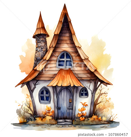 Fantasy Sorcerer's Hut watercolor illustration, Halloween decorative elements Fantasy Sorcerer's Hut watercolor illustration, Halloween decorative elements 107860457