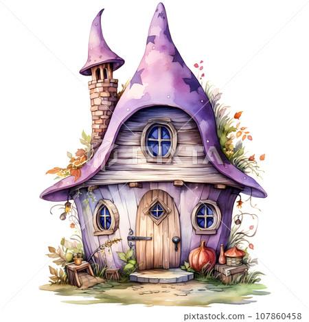 Fantasy Sorcerer's Hut watercolor illustration, Halloween decorative elements Fantasy Sorcerer's Hut watercolor illustration, Halloween decorative elements 107860458