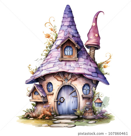 Fantasy Sorcerer's Hut watercolor illustration, Halloween decorative elements Fantasy Sorcerer's Hut watercolor illustration, Halloween decorative elements 107860461