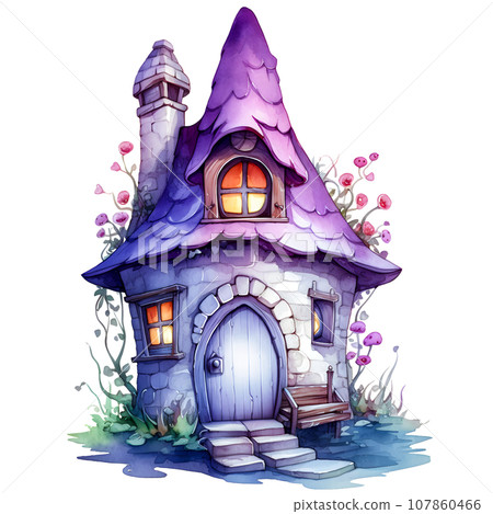 Fantasy Sorcerer's Hut watercolor illustration, Halloween decorative elements 107860466