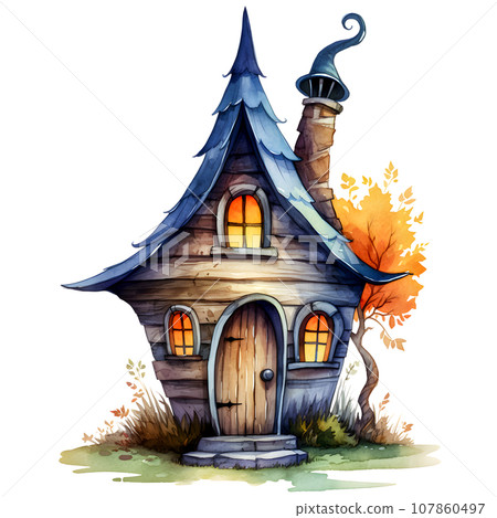 Fantasy Sorcerer's Hut watercolor illustration, Halloween decorative elements 107860497