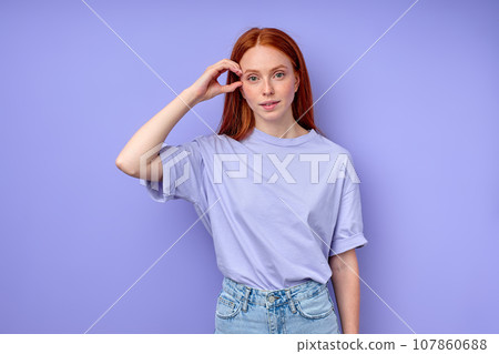 ginger deaf mute girl saying no, not with hand ginger deaf mute girl saying no, not with hand 107860688