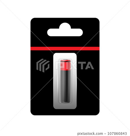 Alkaline Battery in Paper Blister and Battery Icon Set Closeup Isolated. AA Size. Design Template for Branding, Mockup. 107860843