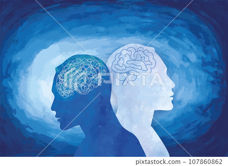Metaphor bipolar disorder mind mental. Double face with tangle and untangle brain. Split personality.Mood disorder. 2 Head silhouette.Psychology. Mental health.Mental burnout.Watercolor 107860862
