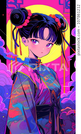 手绘卡通动漫唯美的中国古装女孩插画 107861212