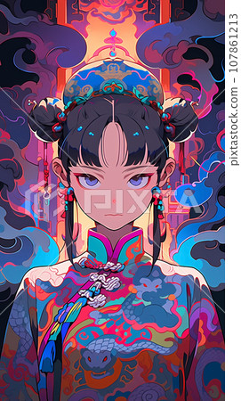 手绘卡通动漫唯美的中国古装女孩插画 107861213