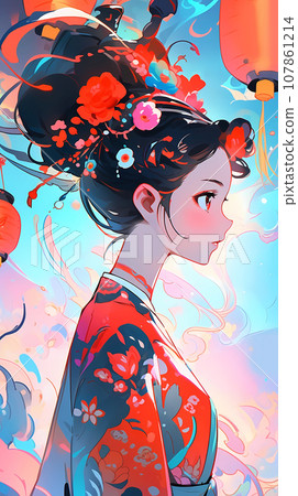 手绘卡通动漫唯美的中国古装女孩插画 107861214