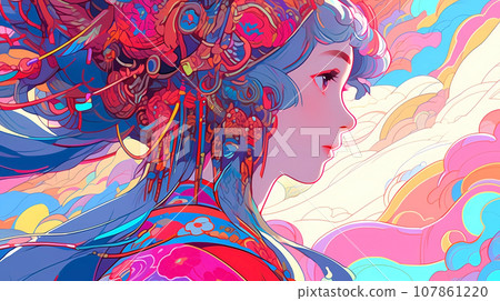 手绘卡通动漫唯美的中国古装女孩插画 107861220