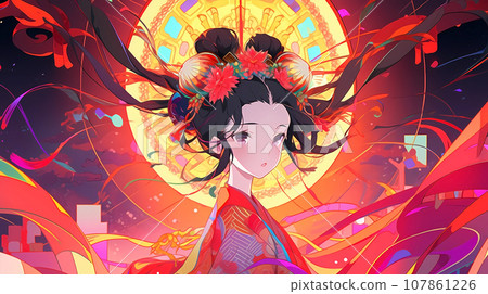 手绘卡通动漫唯美的中国古装女孩插画 107861226