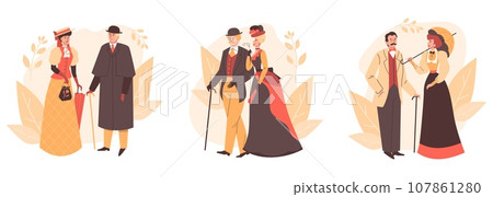 Set of couples of Victorian era, flat vector illustration isolated on white background. Set of couples of Victorian era, flat vector illustration isolated on white background. 107861280