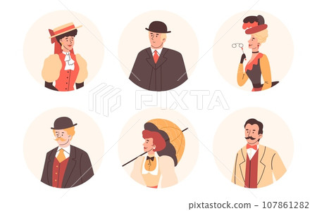 Nineteenth century gentlemen and ladies set, flat vector illustration isolated. 107861282
