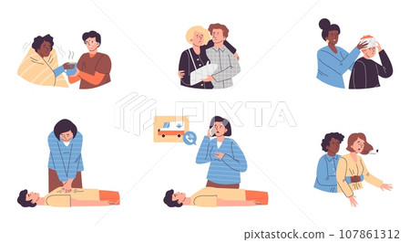 First aid treatments set, flat vector illustration isolated on white background. 107861312