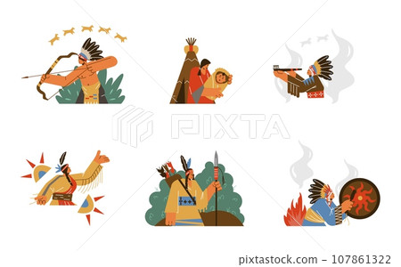 Native Americans in traditional clothes, flat vector illustration isolated on white background. 107861322