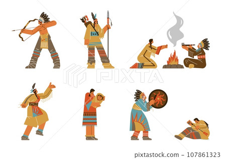 Native american tribe members in traditional Indian clothing, Vector isolated set of cartoon authentic characters 107861323