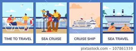 Vacation on cruise ship, set of posters, happy people enjoying summer holidays - flat vector illustration. 107861339