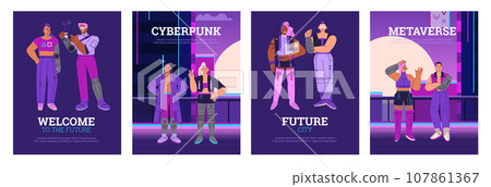 Cartoon set of Vector Cyberpunk people with cybernetic implants and prosthesis, Futuristic Cyborg human in metaverse Cartoon set of Vector Cyberpunk people with cybernetic implants and prosthesis, Futuristic Cyborg human in metaverse 107861367