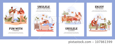 Vector Set illustration of people playing and learning to play ukulele online in cozy room, on lawn, Ukulele classes education 107861399