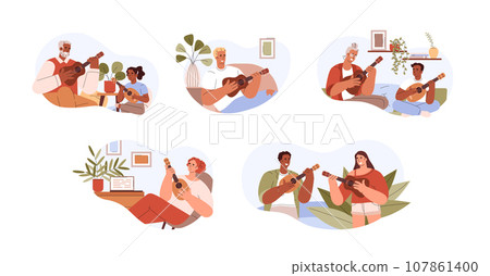Set of diverse people playing ukulele music instrument, flat vector illustration isolated on white background. 107861400