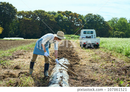 一個男人在田裡收割莊稼 107861521