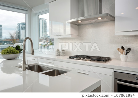 Interior of modern classic white kitchen with marble countertop and view from window Generative AI. 107861984