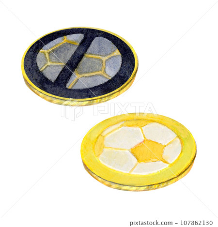 Watercolor drawing of set of collection football coins with ball picture in the center, Illustration painted on white background, isolated. For logo banner icon postcards leaflet stickers wallpapers Watercolor drawing of set of collection football coins with ball picture in the center, Illustration painted on white background, isolated. For logo banner icon postcards leaflet stickers wallpapers 107862130