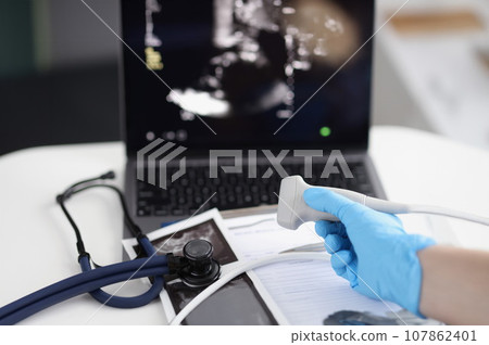 Medical equipment in clinic, modern ultrasound machine, scanners and sensors Medical equipment in clinic, modern ultrasound machine, scanners and sensors 107862401