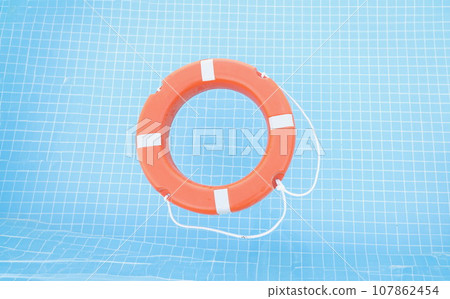 Red safety equipment floating on swimming pool to rescue people from drowning 107862454