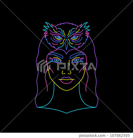 Female face with head of owl  107862505