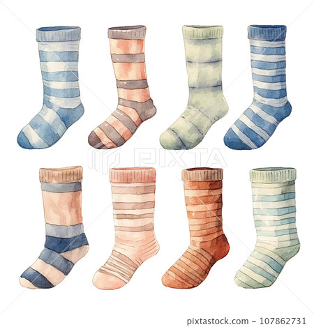 watercolor drawing, set of knitted striped socks. cute illustration in vintage style. cozy fall socks. 107862731
