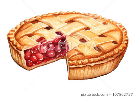 watercolor drawing, cherry pie. classic berry pie, illustration in vintage style. clipart watercolor drawing, cherry pie. classic berry pie, illustration in vintage style. clipart 107862737