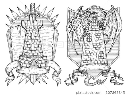 Design set with black and white coat of arms with dragon, book and tower. Vector hand drawn heraldry, heraldic decorative emblem, vintage illustration with historical symbols. Design set with black and white coat of arms with dragon, book and tower. Vector hand drawn heraldry, heraldic decorative emblem, vintage illustration with historical symbols. 107862845