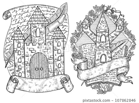 Design set with black and white coat of arms with tower, manuscript and banner. Vector hand drawn emblem, vintage illustration with historical symbols. No foreign language, only fantasy signs.  107862846