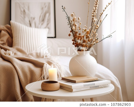 Bright white home interior decor, cozy living room decoration with pillows and warm blanket 107862903