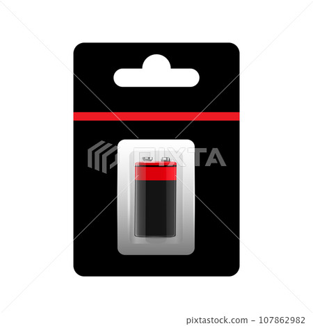 Alkaline Battery in Paper Blister and Battery Icon Set Closeup Isolated. AA Size. Design Template for Branding, Mockup. 107862982