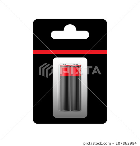 Alkaline Battery in Paper Blister and Battery Icon Set Closeup Isolated. AA Size. Design Template for Branding, Mockup. Alkaline Battery in Paper Blister and Battery Icon Set Closeup Isolated. AA Size. Design Template for Branding, Mockup. 107862984