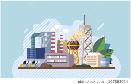 Air, water and soil pollution by industrial production, environmental contamination. Working plant, factory emitting smoke through chimneys, pouring toxic waste chemicals in river through pipes Air, water and soil pollution by industrial production, environmental contamination. Working plant, factory emitting smoke through chimneys, pouring toxic waste chemicals in river through pipes 107863024