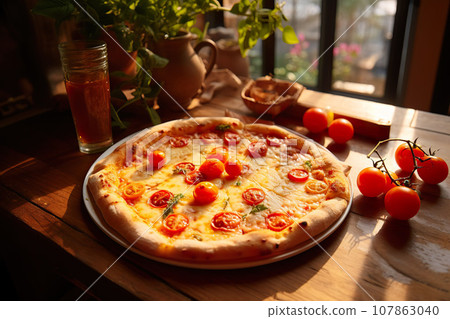 Pizza with cherry tomatoes and mozzarella cheese on wooden table.  Generative AI. 107863040