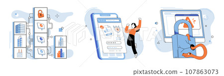 Cybersecurity concept set, secure passwords and site registration. Computer and smartphone protection by antivirus software. Secure login via internet from electronic gadget. Safe locked website using 107863073