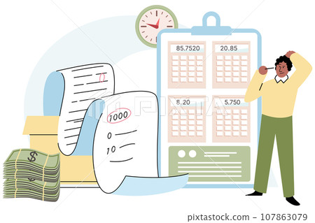 Controlling company budget and analyzing financial report. Analysis of personal income and expenses. Man counts money on calculator and writes numbers into calculation, accountant checks finances Controlling company budget and analyzing financial report. Analysis of personal income and expenses. Man counts money on calculator and writes numbers into calculation, accountant checks finances 107863079