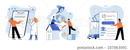 Insurance for car, property, travel, accident, life, medical. Insurance concept includes various levels of coverage suit different budgets Covers home, medical, life, and vehicle insurance 107863091