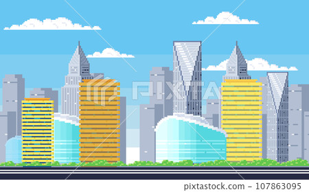 City street with houses and greenery, skyscrapers. Pixelated landscape with nature and architecture. Residential building in pixel art style. Multi apartment buildings of different height in town 107863095