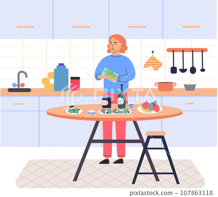 People cooking vegetarian food. Vector illustration. Happy culinary. Lady at stove alone. Chef cooks preparing food cook hands on the kitchen table Girl prepare dinner cutting vegetables for salad 107863118