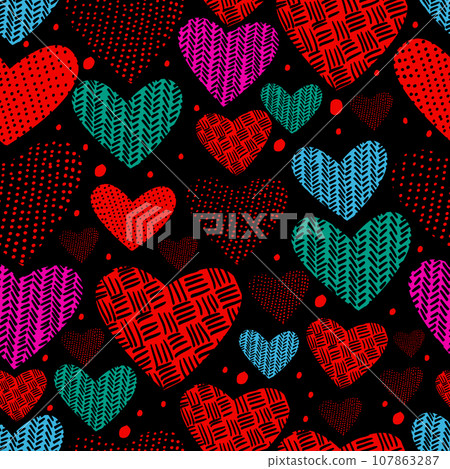 hand drawn seamless pattern of knitted hearts on a black background. Happy Valentine's Day. Vector illustration. Not AI 107863287