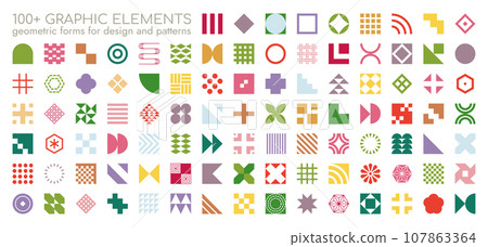 Simple Geometric Design Elements Collection - Modern Abstract and Retro Bauhaus Patterns Set for Creative Projects, Designs, Posters, Branding and Prints. 107863364