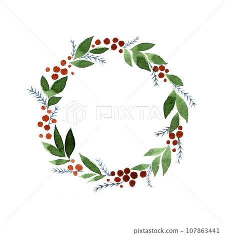 cute watercolor drawing, christmas wreath. wreath of green leaves and red berries, simple watercolor drawing for decoration for the new year, christmas, winter holidays 107863441