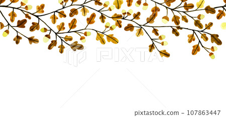 watercolor seamless border, banner, frame with oak leaves and branches and acorns. simple pattern, print on the theme of autumn yellow and brown 107863447
